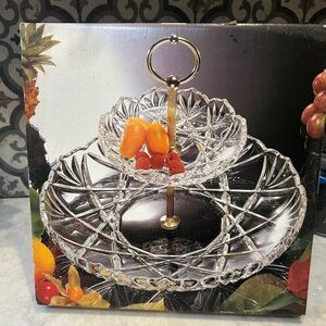NIB-Mikasa Crystal Two-Tier Tidbit Server with Gold Accent